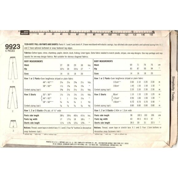 Simplicity 9923 Teen Boys 16 Pull On Pants or Shorts Uncut Sewing Pattern - Picture 2 of 2